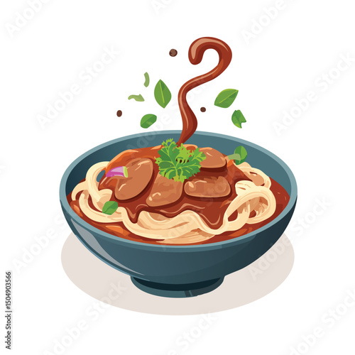 Beef Stroganoff with Sauce Splash creative isometric illustration with layered dimension and depth cues.