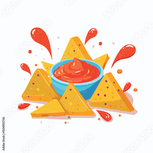 Nachos with Sauce Splash creative isometric illustration with layered dimension and depth cues.