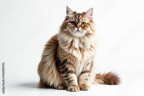 Fluffy British Shorthair cat sits alone against white background, fluffy, purr