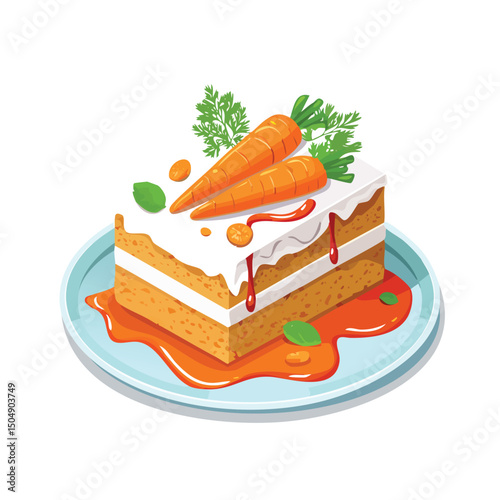 Carrot Cake with Sauce Splash creative isometric illustration with layered dimension and depth cues.