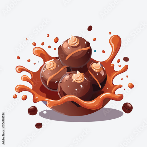Chocolate Truffles with Sauce Splash creative isometric illustration with layered dimension and depth cues.