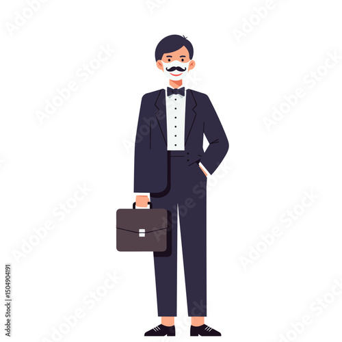 Standing Man Holding Briefcase Wearing Mustache Mask and Suit
