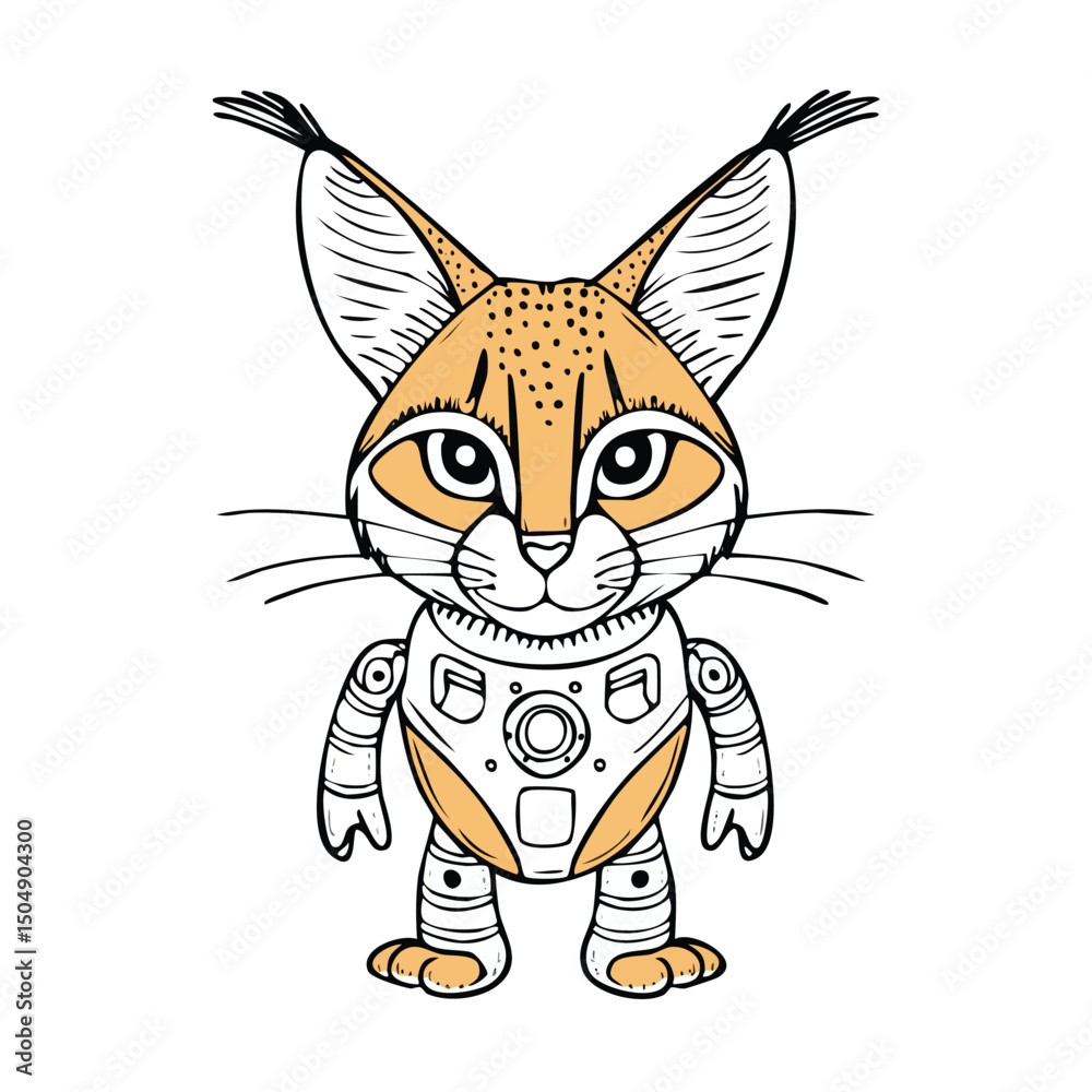 Fototapeta premium Caracal Robot vector illustration in hand-drawn sketch style with minimalist detail