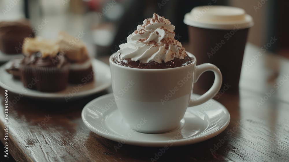 Delicious hot chocolate topped with whipped cream and pastries on a wooden table Delicious hot chocolate topped with whipped cream and pastries on a wooden table