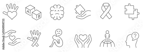 Set vector line thin icons of autism awareness day in linear design for mobile concepts and web apps. Collection modern infographic pictogram and signs