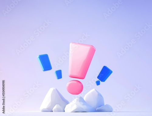 A colorful 3D exclamation mark floats above geometric white rocks against a soft gradient background.
