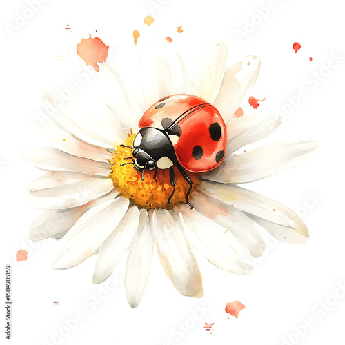 Whimsical watercolor isolated on white, single ladybug resting atop a fully bloomed daisy surrounded by scattered petals and soft shadows Playful Meadow Ladybugs Botanical Harmony with Ladybugs