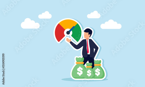 Businessman with several money bags showing level indicator machine illustration of good and stable business financial performance