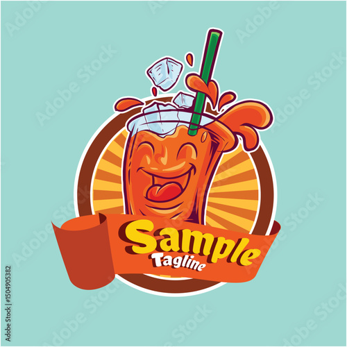 Cheerful Cartoon Beverage Logo with Smiling Face, Straw, and Ice Cubes