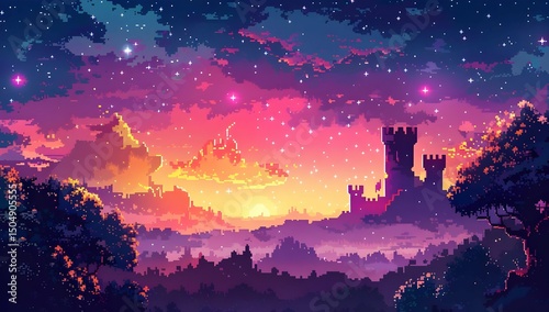 Wallpaper Mural Pixel Art Landscape Featuring Silhouette Castle at Sunset with Stars and Trees in Dreamy Atmospheric Background Torontodigital.ca