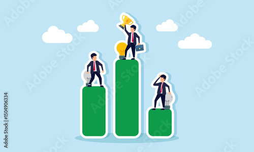Businessmen stand on parts of a graph hold lit and broken lamps the highest also hold a trophy illustration of performance comparison between innovative and non innovative