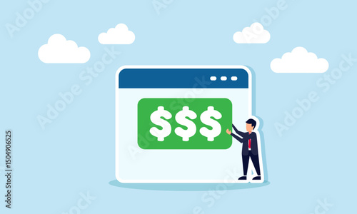 Businessman placing dollar sign board on application interface illustration of taking profit from digital based business