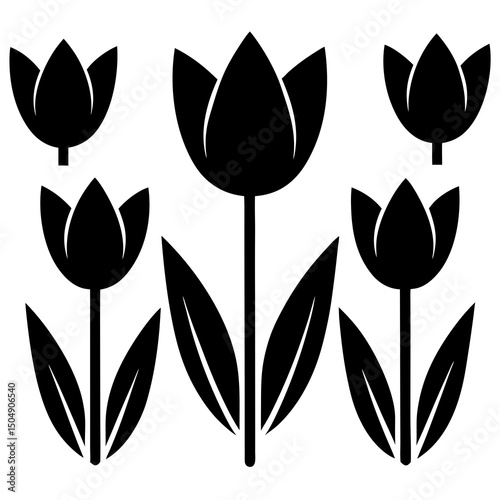 Black silhouette tulip flower icons set
