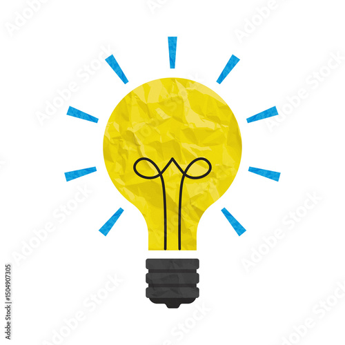 Yellow Light Bulb Icon with Blue Rays Wrinkled Paper Texture Illustration on Transparent Background