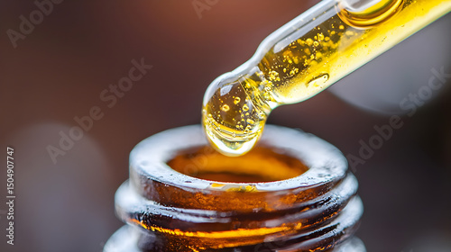 Close-Up of Glass Dropper Releasing Yellow Oil from Brown Bottle photo