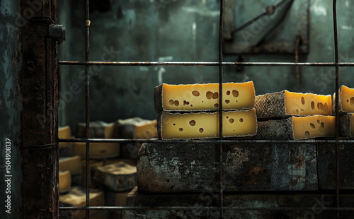 Piles of cheese behind a controlled fence