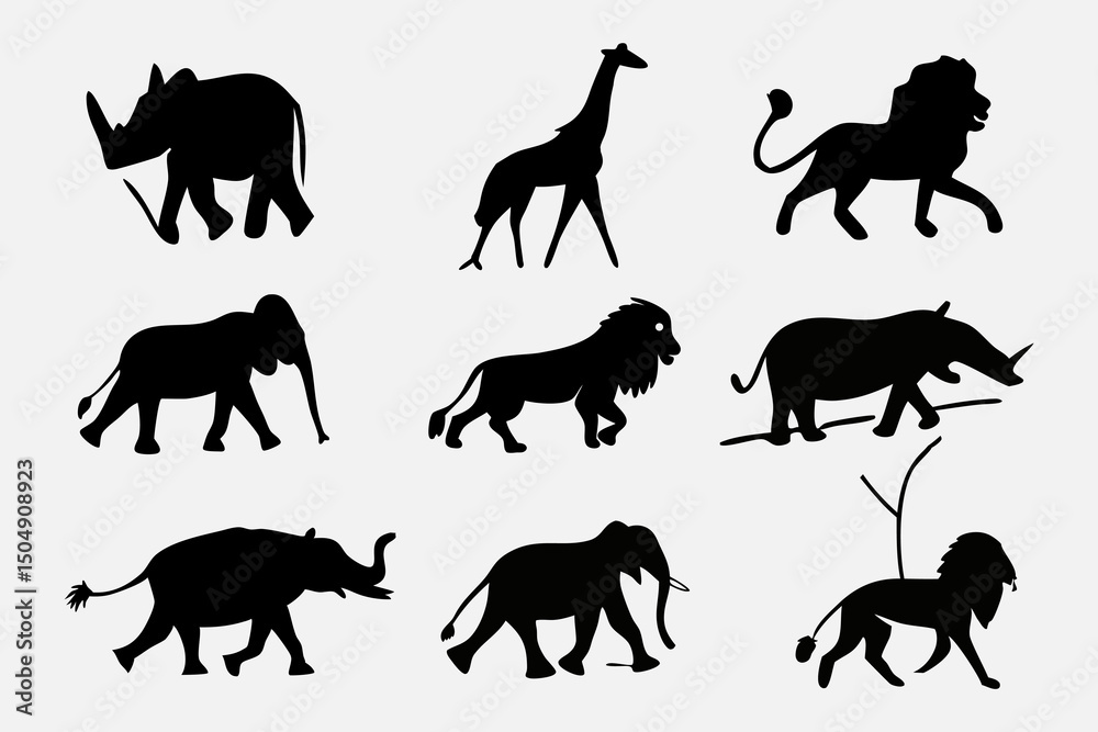 Fototapeta premium African Wildlife Silhouettes: A Collection of Nine Elegant Animal Icons
