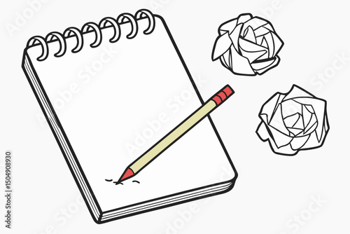 A spiral bound notepad with a pencil resting on it and two crumpled pieces of paper nearby, suggesting brainstorming or note-taking.