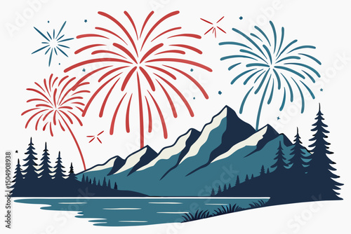 Majestic Mountain Landscape with Vibrant Fireworks Display