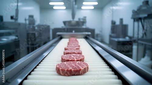 Production of premium steaks on conveyor belt meat processing plant industrial kitchen clean room close-up view for quality assurance