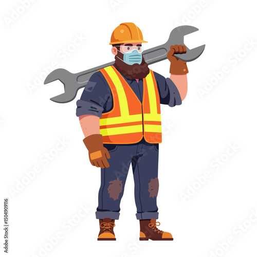 Construction Worker Holding Wrench While Wearing Safety Gear and Mask