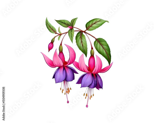 Hanging Fuchsia Flowers with Green Leaves
