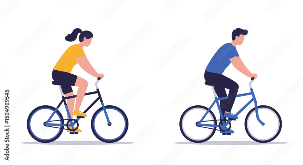 Naklejka premium Two cyclists one in yellow and one in blue riding bicycles