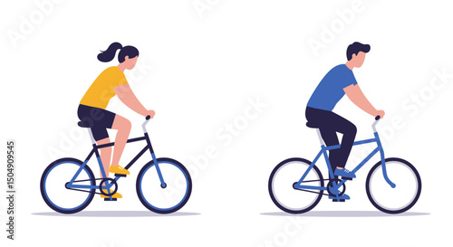 Two cyclists one in yellow and one in blue riding bicycles