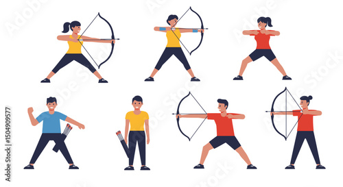 Archery Athletes in Action Demonstrating Form and Technique with Bows and Arrows