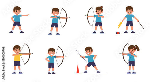 Cartoon children practicing archery and javelin throw various poses and expressions