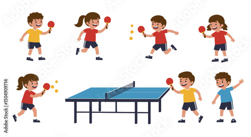 Cheerful Children Playing Table Tennis with Rackets and Balls