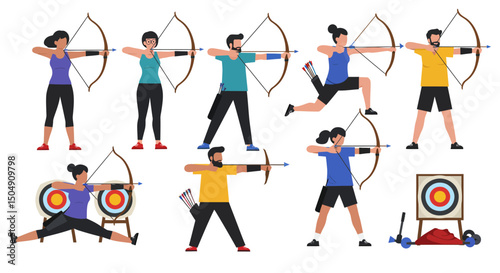 Diverse archers aiming with bows and arrows targets and archery equipment