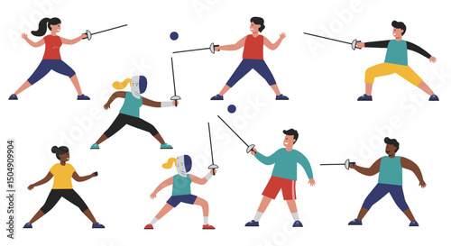 Diverse Group of Young Fencing Athletes in Action