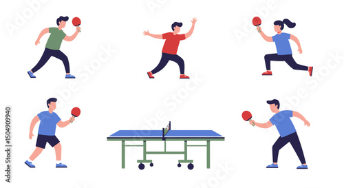 Dynamic Ping Pong Players in Action with Table Tennis Equipment