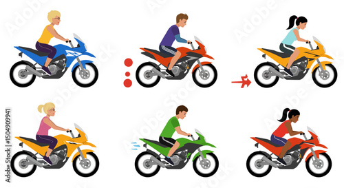 Diverse Riders on Motorcycles in Action Colorful and Dynamic Illustration