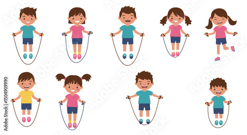Group of Children Joyfully Jumping Rope in Various Poses