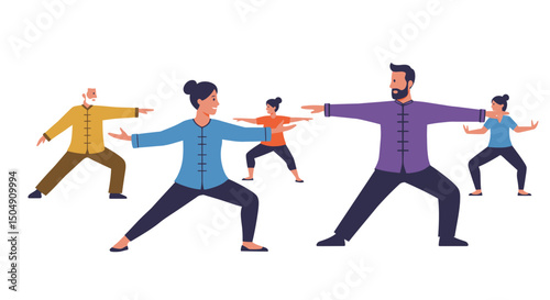 Group of People Practicing Tai Chi in Colorful Uniforms