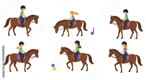 Equestrian Set Children Riding Brown Horses with Helmets and Purple Saddles
