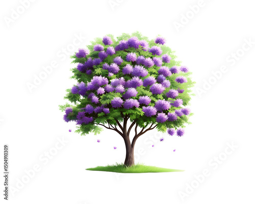 Tree with Purple Blossoms and Green Leaves Illustration