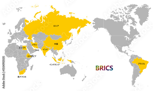 世界地図とBRICSの加盟国、2025年5月現在、日本語の国名入り