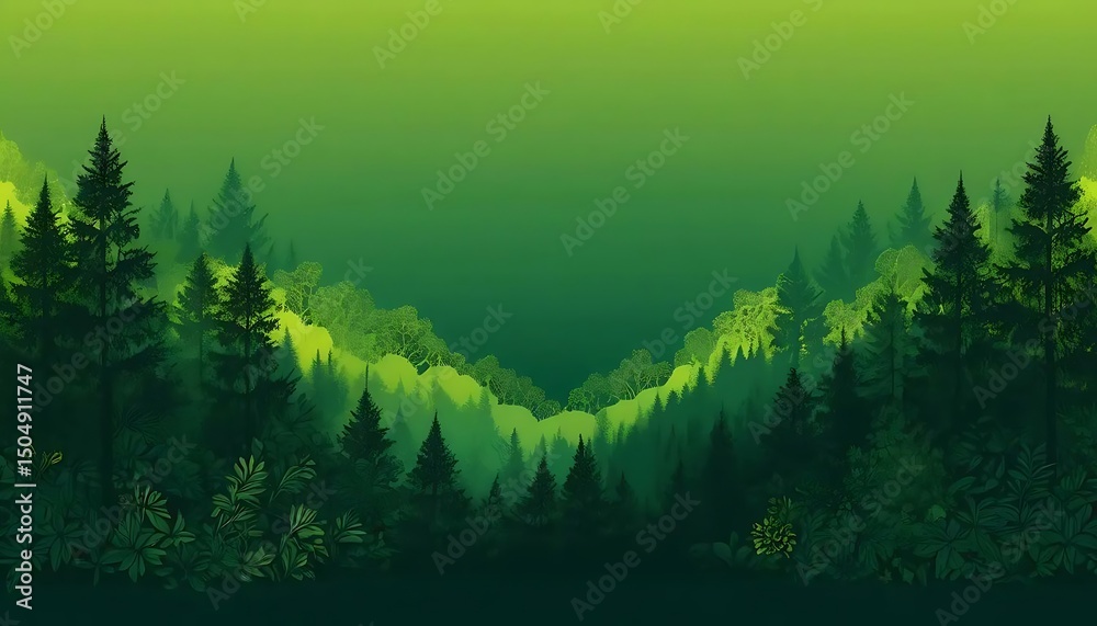 Fototapeta premium An artistic rendering of a serene, green forest landscape showcasing layers of trees and foliage.