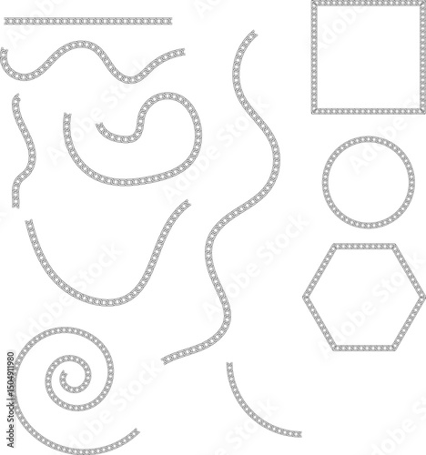 Vector chain borders and curved necklace paths in geometric and spiral shapes