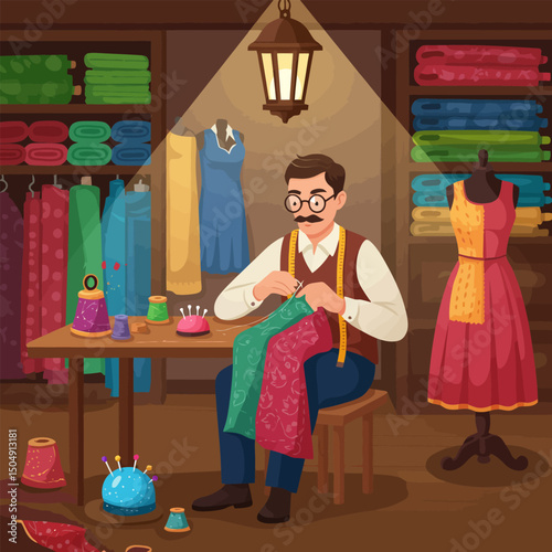 Man Sewing Fabric in Tailor Shop with Rolls of Cloth