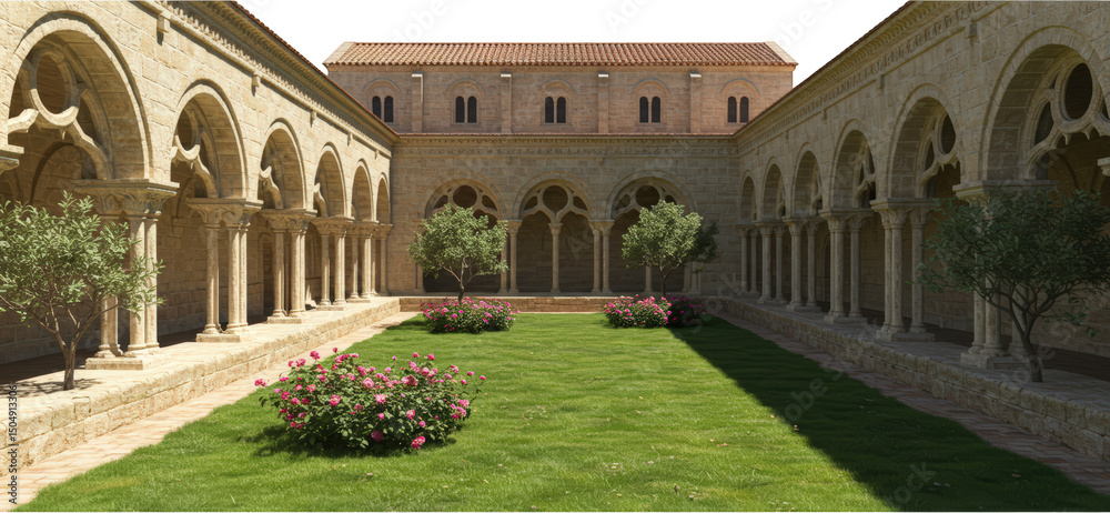Fototapeta premium Serene Medieval Cloister Garden Stone Arches Lush Greenery Tranquil Courtyard