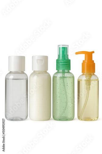 Miniature plastic toiletry bottles displaying shampoo, conditioner, body wash, lined up against transparent backdrop