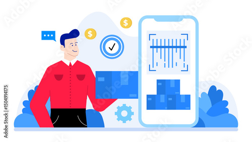Title Man scans packages using his phone. Suitable for logistics, shipping, and technology themed projects that require images of package processing.