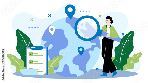 Person examines globe with magnifying glass, exploring global concepts, education materials, geography lessons, travel blogs, science projects, and research presentations.