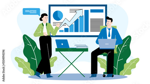 Sales manager presenting monthly performance report. Suitable for presentations, reports, articles on data analysis, financial planning, teamwork.