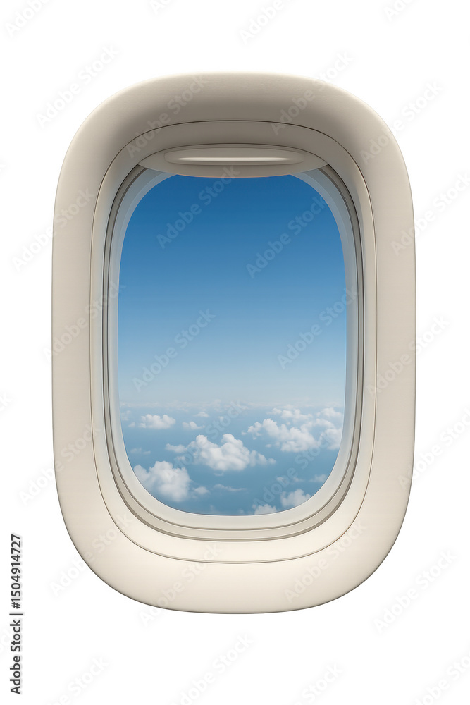 Obraz premium Airplane window revealing expansive blue sky, white clouds drifting against translucent backdrop, showcasing aerial landscape perspective