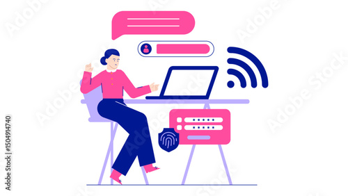 Person at desk with laptop, fingerprint icon, and Wi-Fi symbol. Ideal for cybersecurity concept illustrations, technology blogs, and internet security graphics.